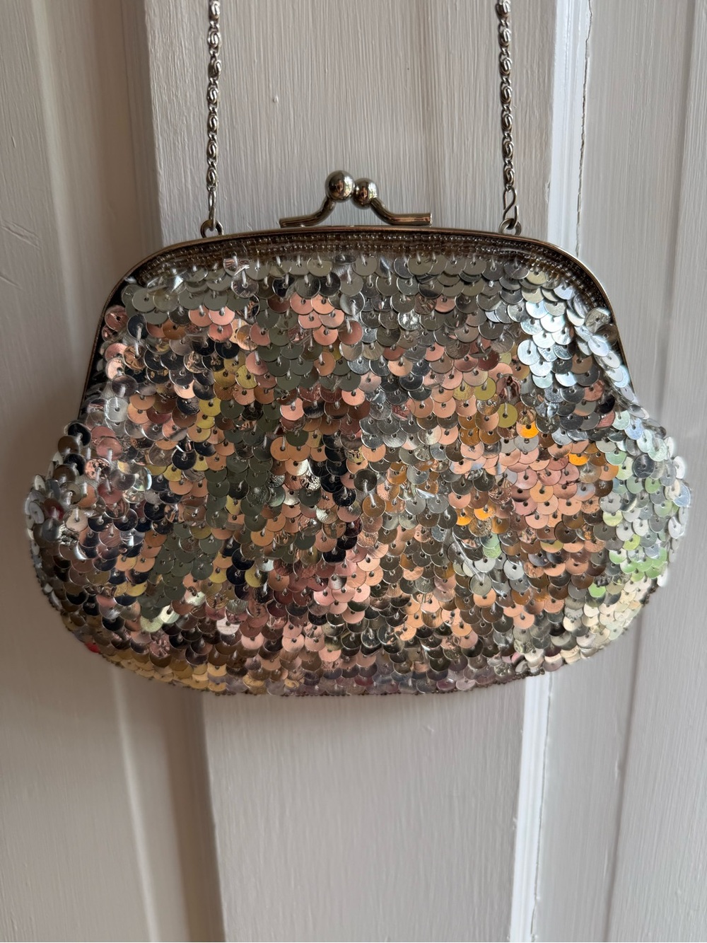 Vintage Iridescent Sequin Frame Clutch in Silver and Rose